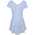 Freed of London Peony leotard in pale blue ( back view), featuring an attached sheer mesh skirt and a delicate ruched (gathered) front detail. This RAD-approved regulation piece for Pre-Primary and Primary grades is made from sustainable ECONYL® recycled polyamide, offering a graceful, all-in-one silhouette for young dancers. As part of the 2025 uniform collection, it combines traditional ballet aesthetics with modern recycled material technology.