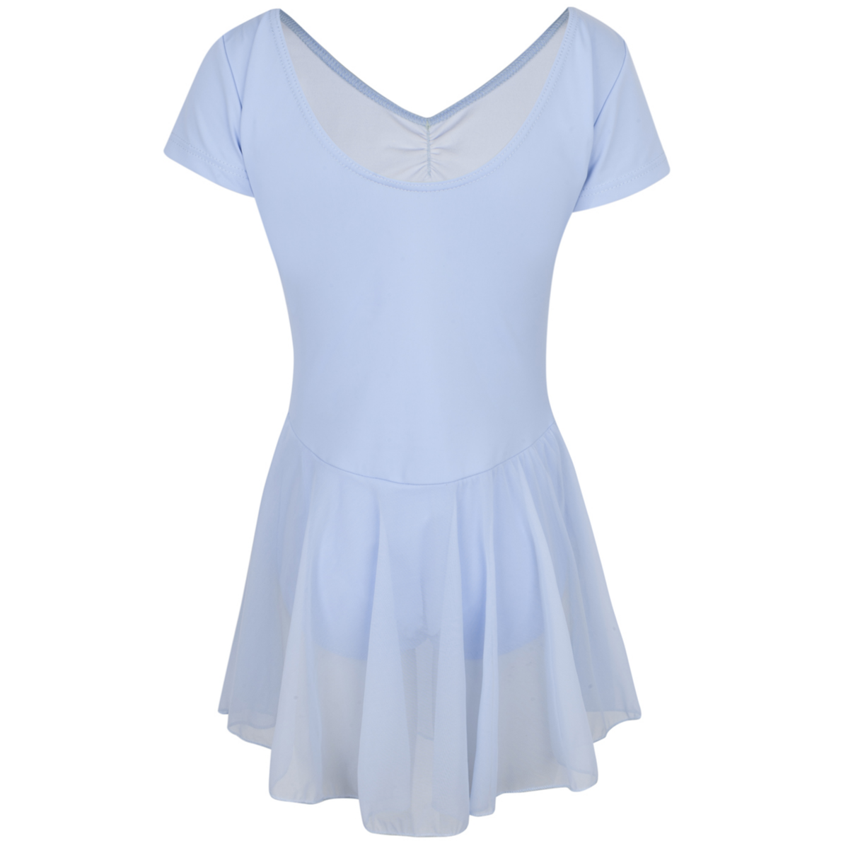 Freed of London Peony leotard in pale blue ( back view), featuring an attached sheer mesh skirt and a delicate ruched (gathered) front detail. This RAD-approved regulation piece for Pre-Primary and Primary grades is made from sustainable ECONYL® recycled polyamide, offering a graceful, all-in-one silhouette for young dancers. As part of the 2025 uniform collection, it combines traditional ballet aesthetics with modern recycled material technology.
