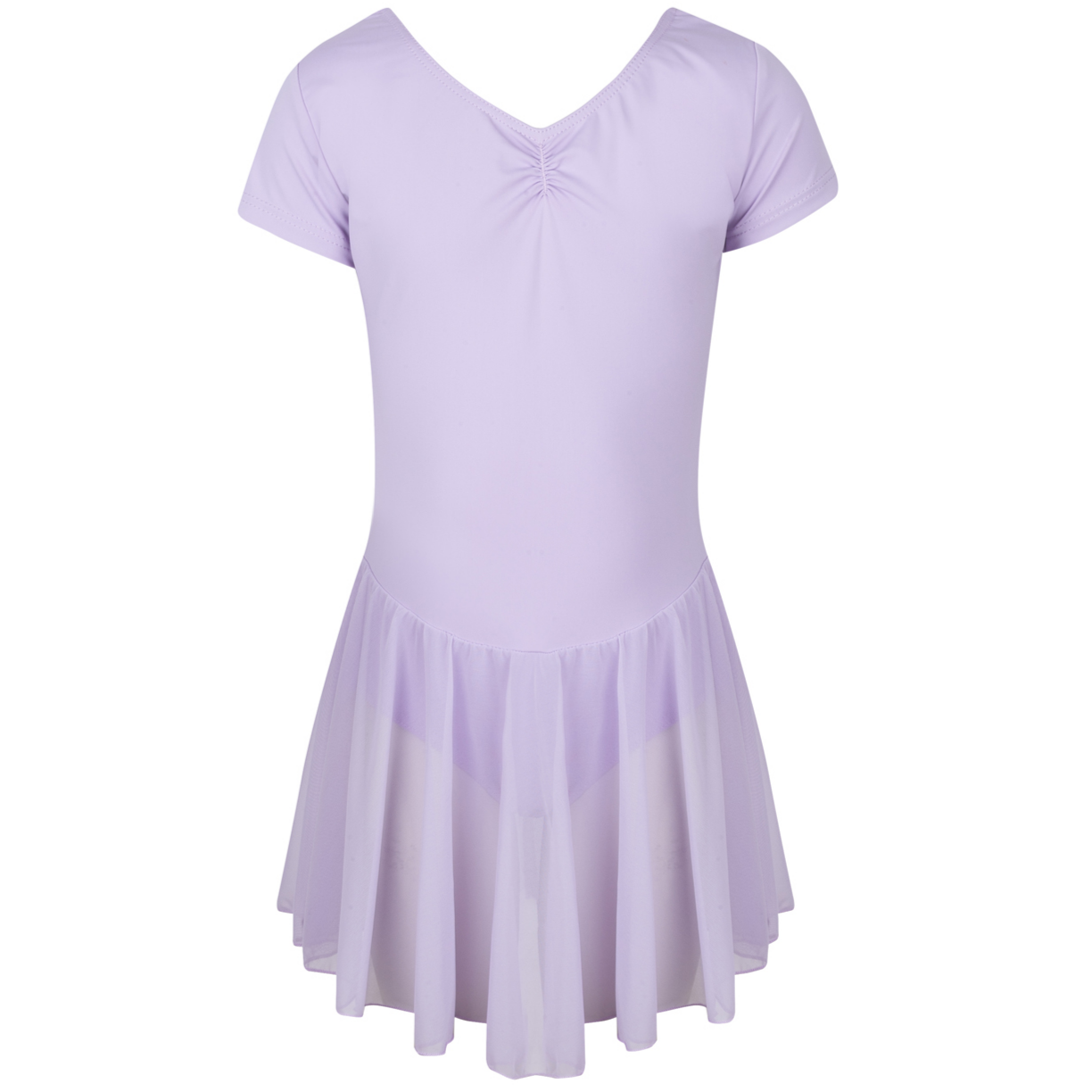 Freed of London Peony leotard in pale lilac, featuring an attached sheer mesh skirt and a delicate ruched (gathered) front detail. This RAD-approved regulation piece for Pre-Primary and Primary grades is made from sustainable ECONYL® recycled polyamide, offering a graceful, all-in-one silhouette for young dancers. As part of the 2025 uniform collection, it combines traditional ballet aesthetics with modern recycled material technology.