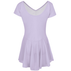 Freed of London Peony leotard in pale lilac (beck view ), featuring an attached sheer mesh skirt and a delicate ruched (gathered) front detail. This RAD-approved regulation piece for Pre-Primary and Primary grades is made from sustainable ECONYL® recycled polyamide, offering a graceful, all-in-one silhouette for young dancers. As part of the 2025 uniform collection, it combines traditional ballet aesthetics with modern recycled material technology.