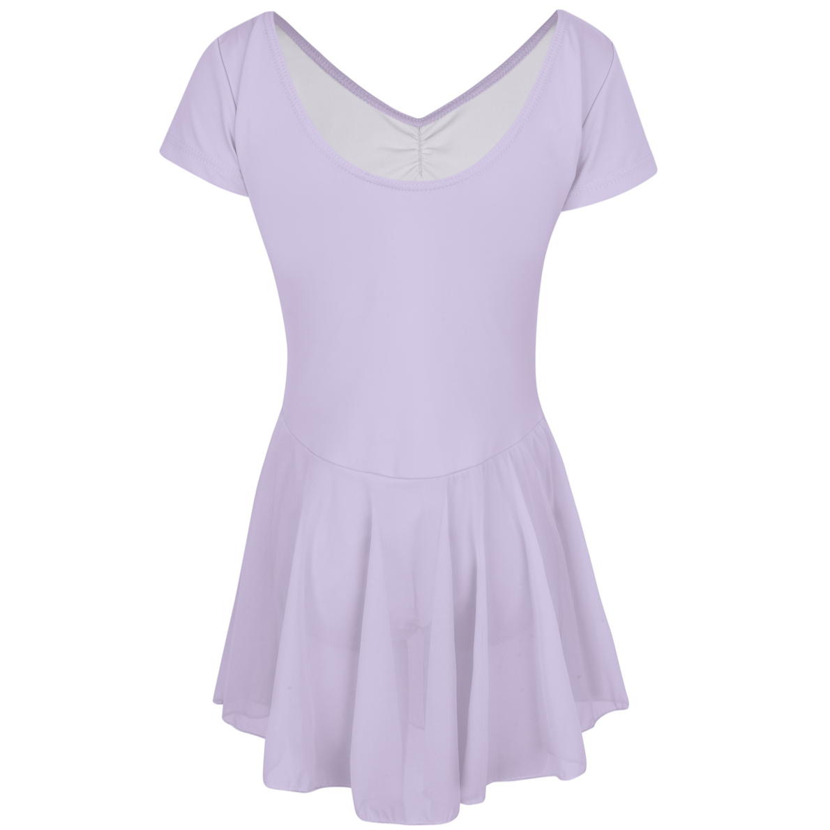 Freed of London Peony leotard in pale lilac (beck view ), featuring an attached sheer mesh skirt and a delicate ruched (gathered) front detail. This RAD-approved regulation piece for Pre-Primary and Primary grades is made from sustainable ECONYL® recycled polyamide, offering a graceful, all-in-one silhouette for young dancers. As part of the 2025 uniform collection, it combines traditional ballet aesthetics with modern recycled material technology.