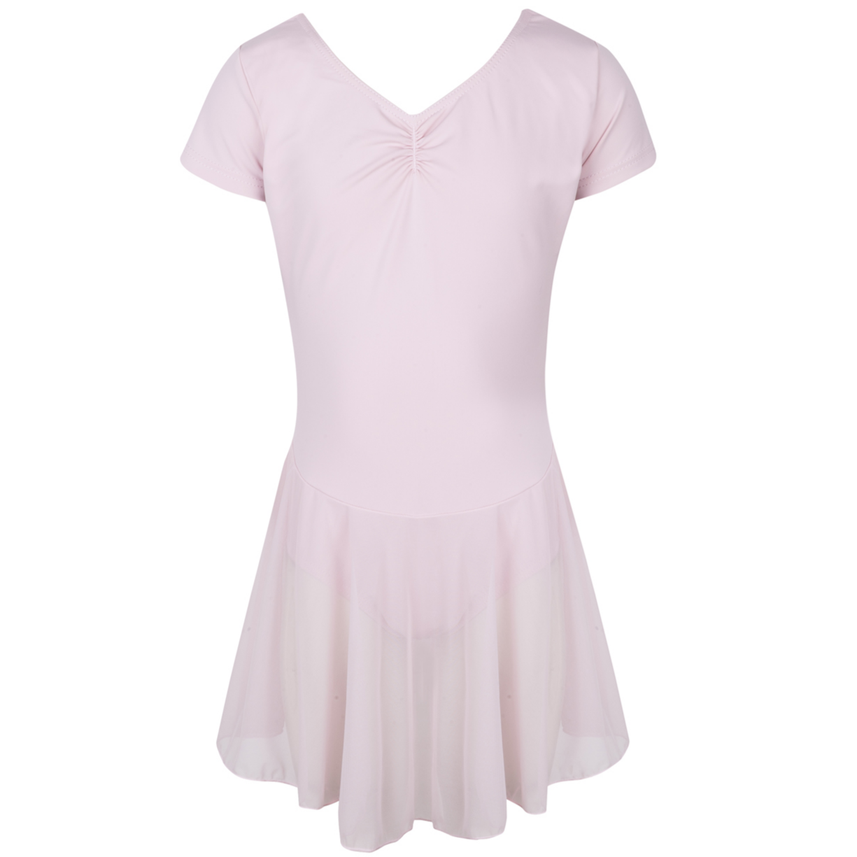 Freed of London Peony leotard in pale pink, featuring an attached sheer mesh skirt and a delicate ruched (gathered) front detail. This RAD-approved regulation piece for Pre-Primary and Primary grades is made from sustainable ECONYL® recycled polyamide, offering a graceful, all-in-one silhouette for young dancers. As part of the 2025 uniform collection, it combines traditional ballet aesthetics with modern recycled material technology.