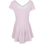 Freed of London Peony leotard in pale pink (back view), featuring an attached sheer mesh skirt and a delicate ruched (gathered) front detail. This RAD-approved regulation piece for Pre-Primary and Primary grades is made from sustainable ECONYL® recycled polyamide, offering a graceful, all-in-one silhouette for young dancers. As part of the 2025 uniform collection, it combines traditional ballet aesthetics with modern recycled material technology.