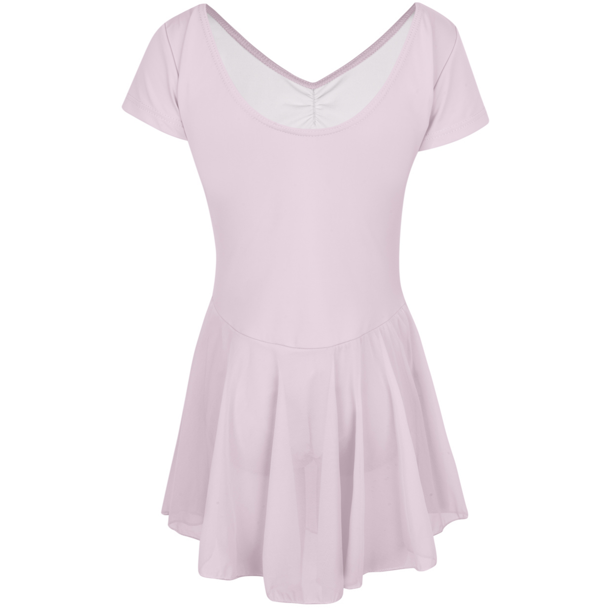 Freed of London Peony leotard in pale pink (back view), featuring an attached sheer mesh skirt and a delicate ruched (gathered) front detail. This RAD-approved regulation piece for Pre-Primary and Primary grades is made from sustainable ECONYL® recycled polyamide, offering a graceful, all-in-one silhouette for young dancers. As part of the 2025 uniform collection, it combines traditional ballet aesthetics with modern recycled material technology.