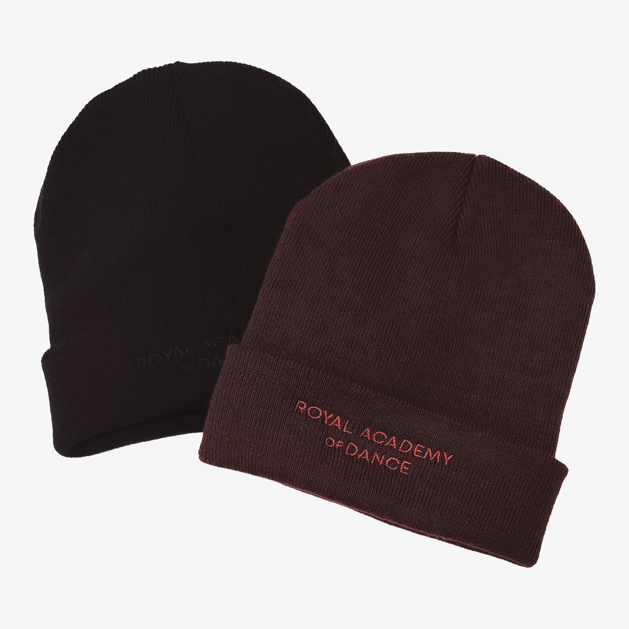 Black and brown beanie hats with 'Royal Academy of Dance' embroidery 
