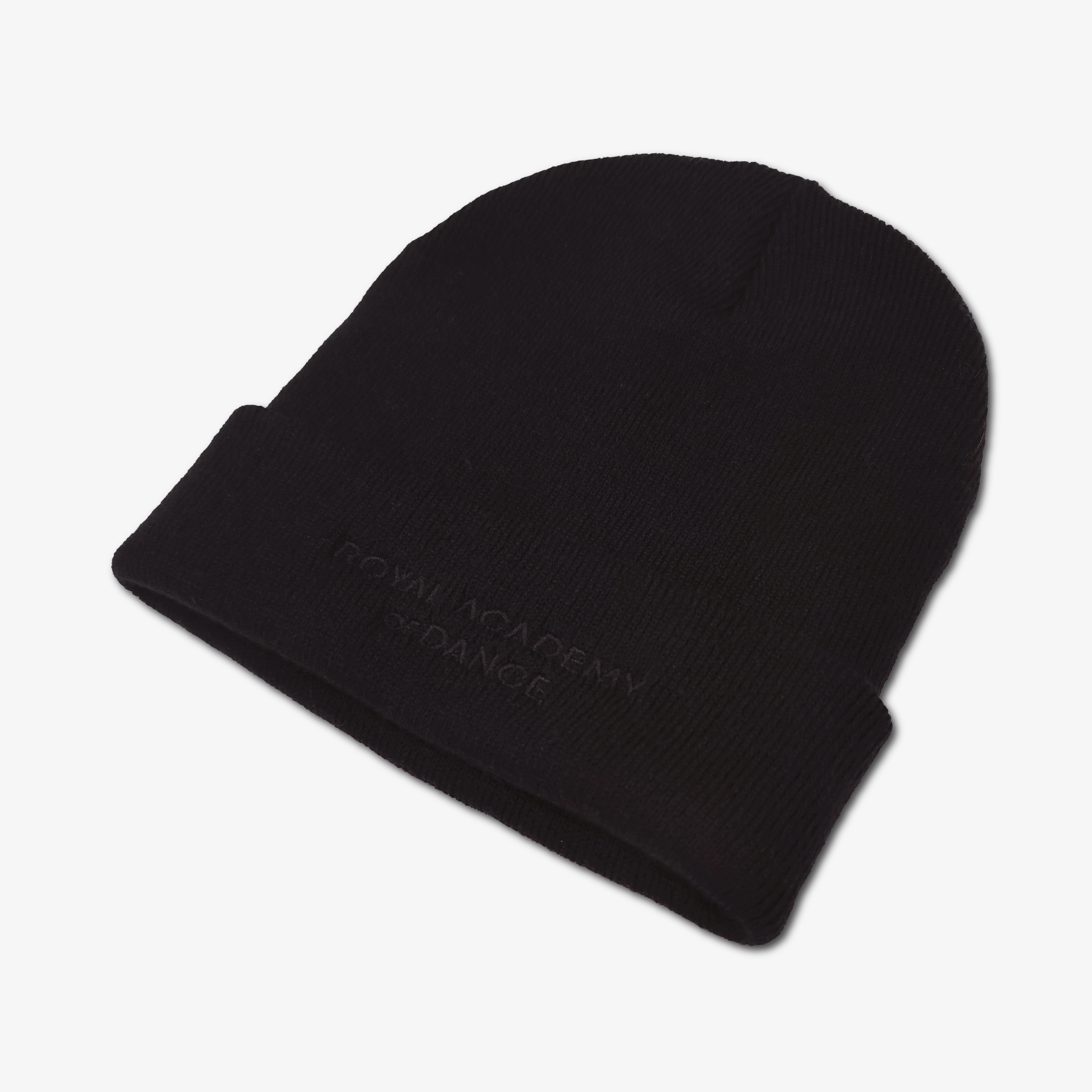 Black knit beanie with Royal Academy of Dance embodied logo branding