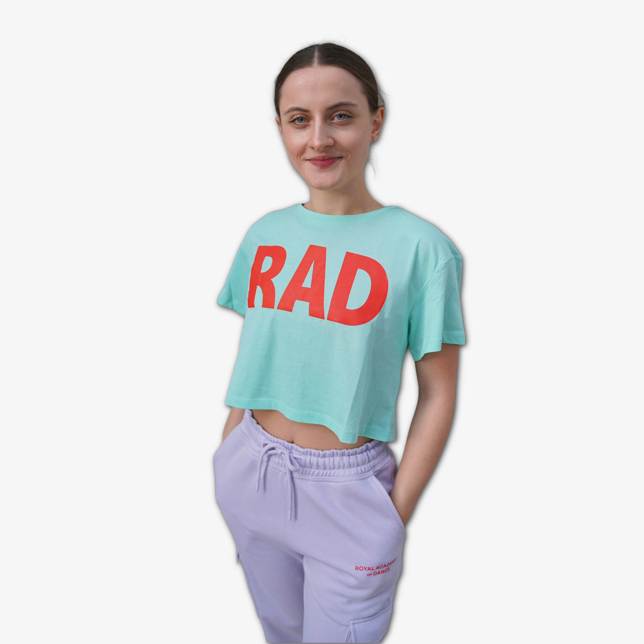 Mint Green cropped t-shirt with 'RAD' logo in red and purple jogger, Royal Academy of Dance