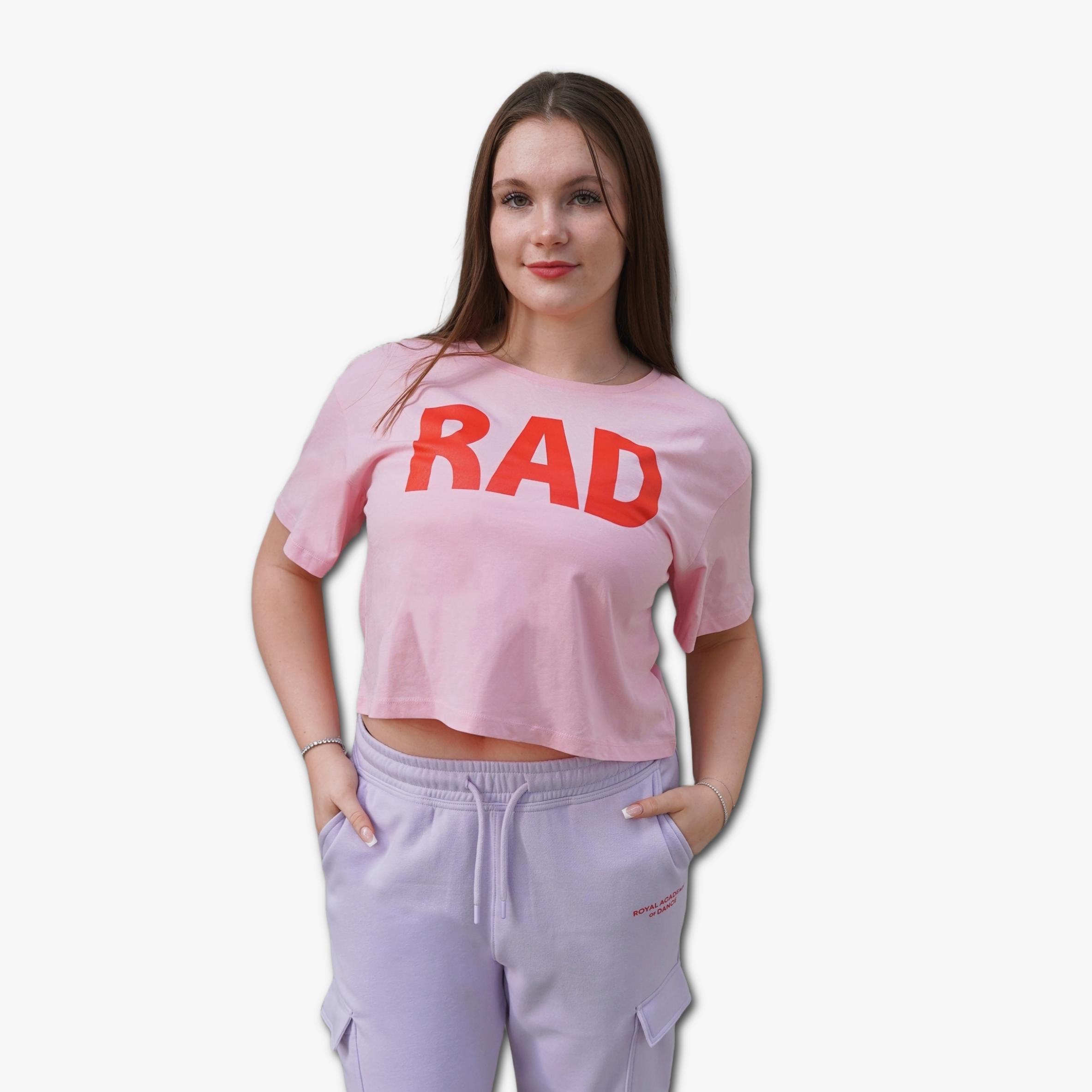 Pink cropped t-shirt with 'RAD' logo in red and purple jogger, Royal Academy of Dance