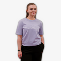 lavender t-shirt with 'Royal Academy of Dance' logp in white