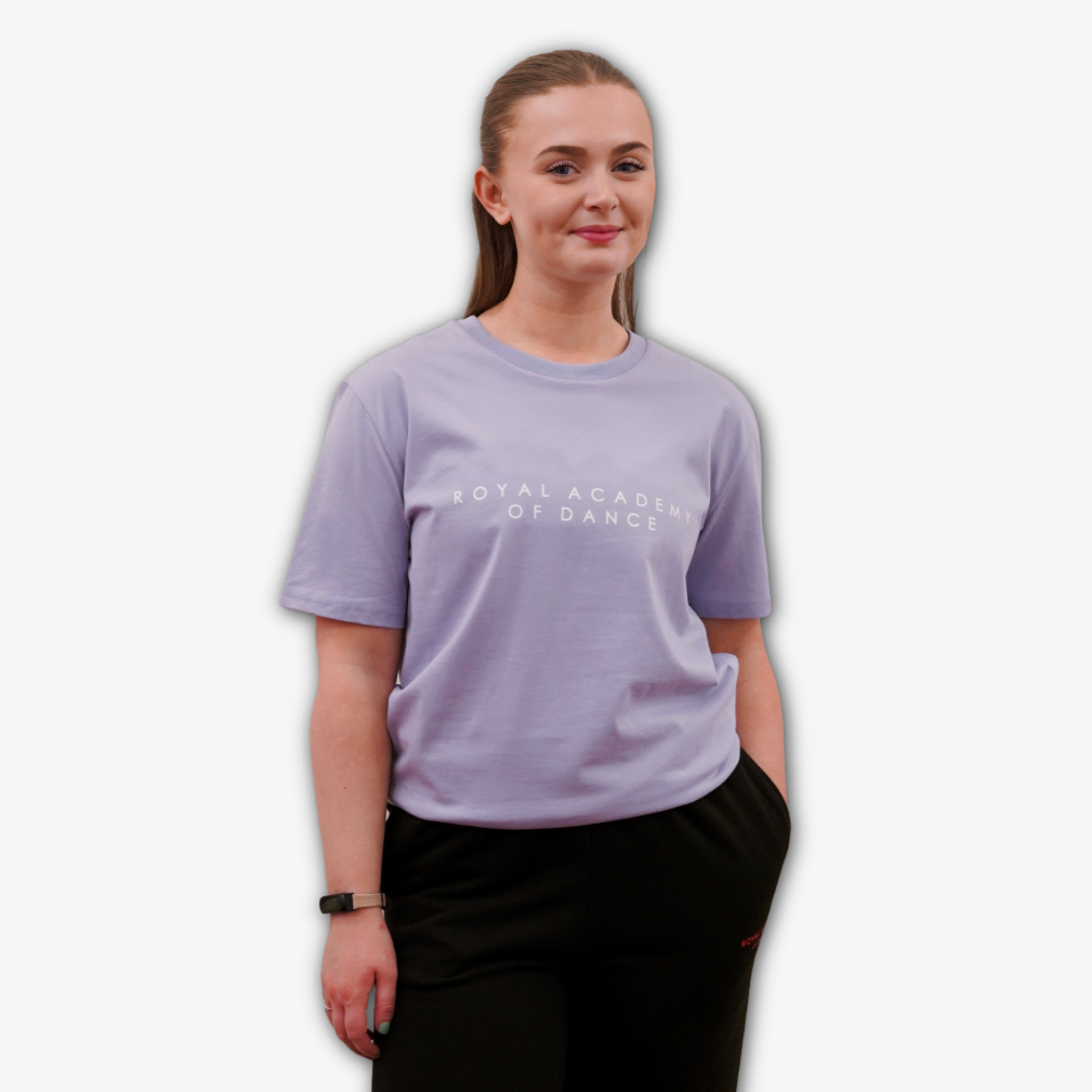 lavender t-shirt with 'Royal Academy of Dance' logp in white