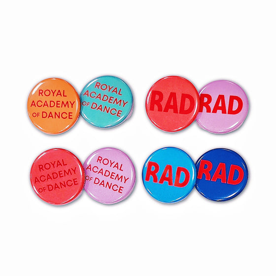 Set of colorful badges with 'Royal Academy of Dance' and 'RAD' text on a white background