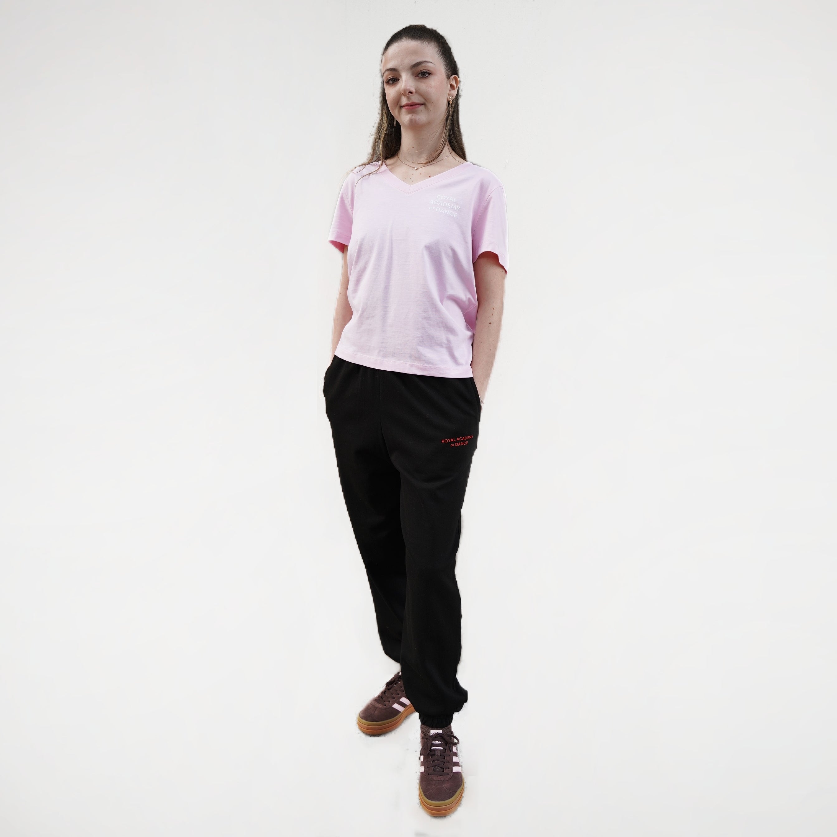 Black fitness jogger with pockets and an elasticated waistband. Royal Academy of Dance logo in red