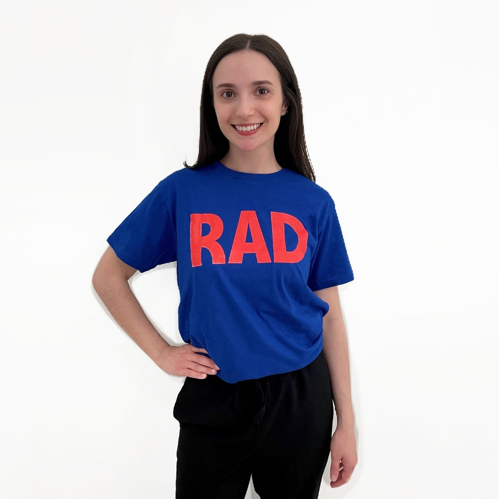 Cobalt blue  t-shirt with the word 'RAD' printed in red block letters, Royal Academy of Dance
