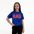 Cobalt blue  t-shirt with the word 'RAD' printed in red block letters, Royal Academy of Dance