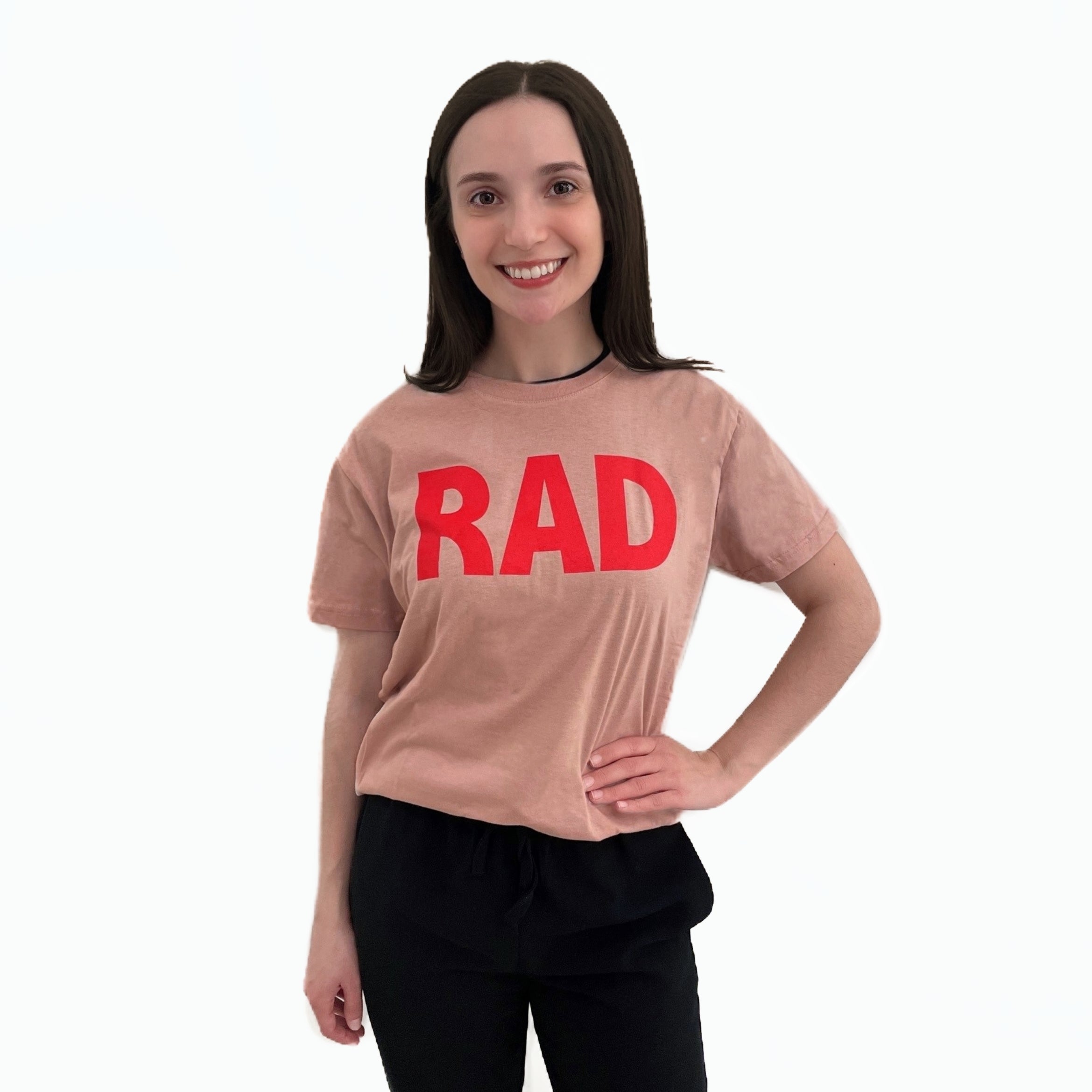 Dusty pink t-shirt with the word 'RAD' printed in red block letters, Royal Academy of Dance