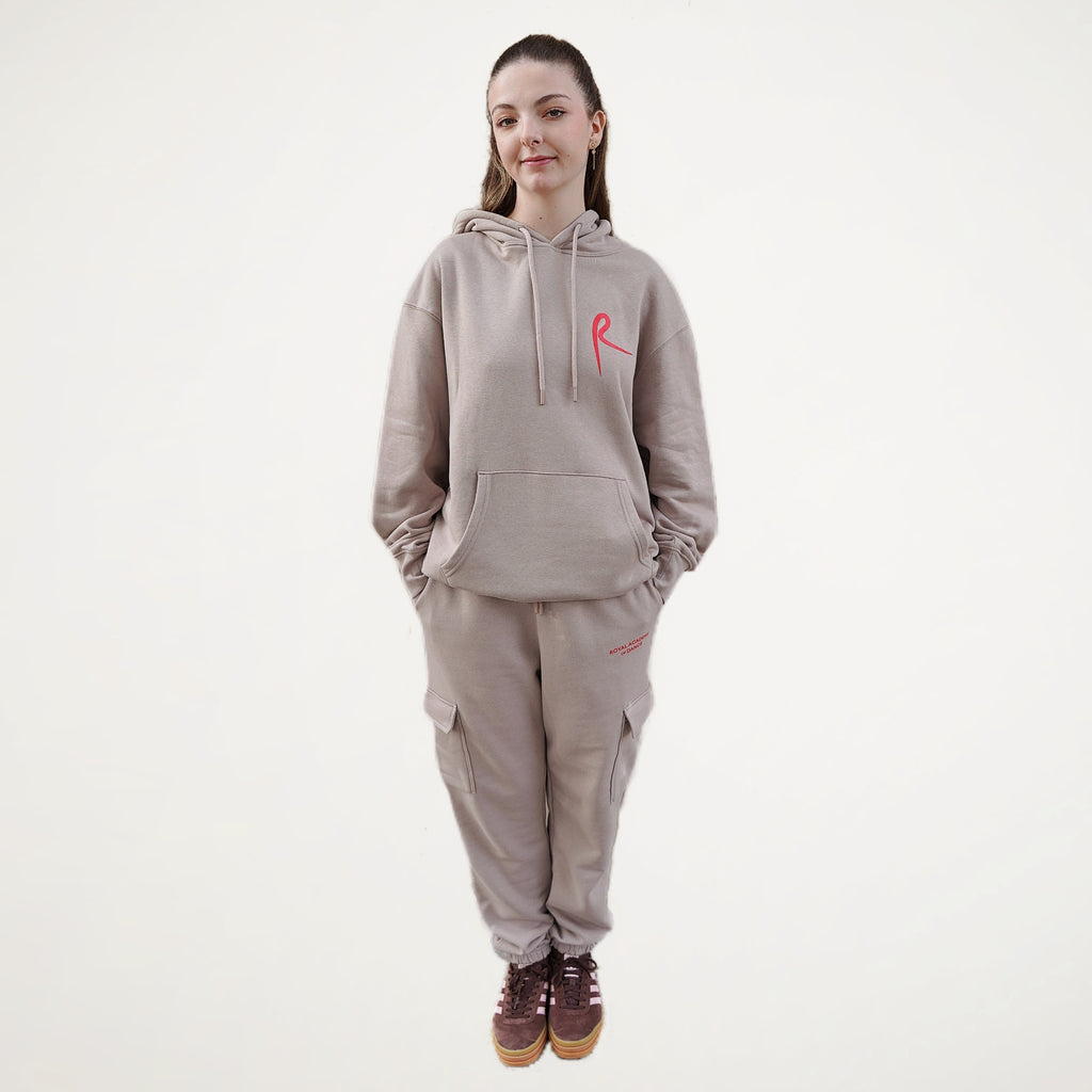 Stone fitness jogger with cargo pockets and an elasticated waistband. Royal Academy of Dance logo in red