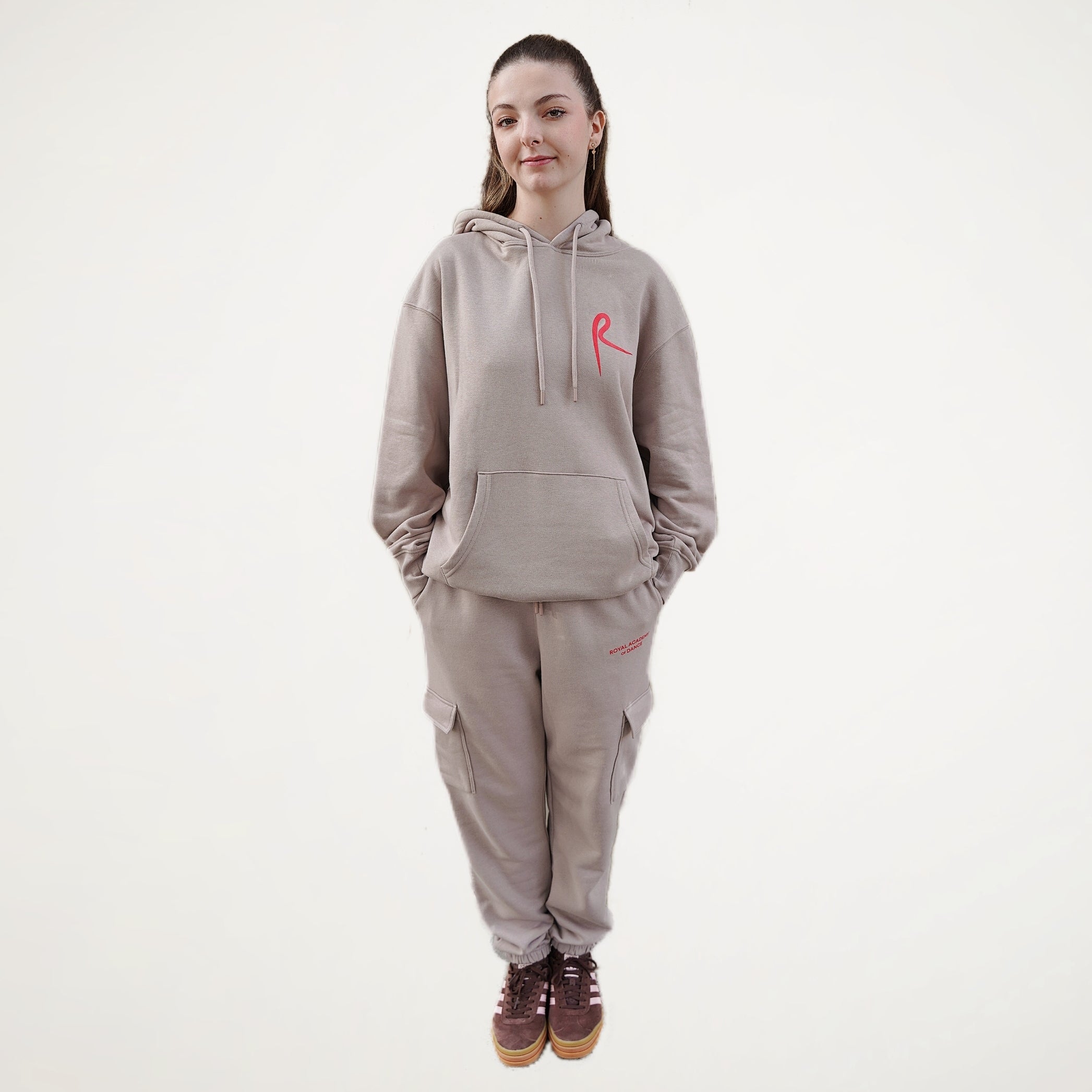 Stone fitness jogger with cargo pockets and an elasticated waistband. Royal Academy of Dance logo in red