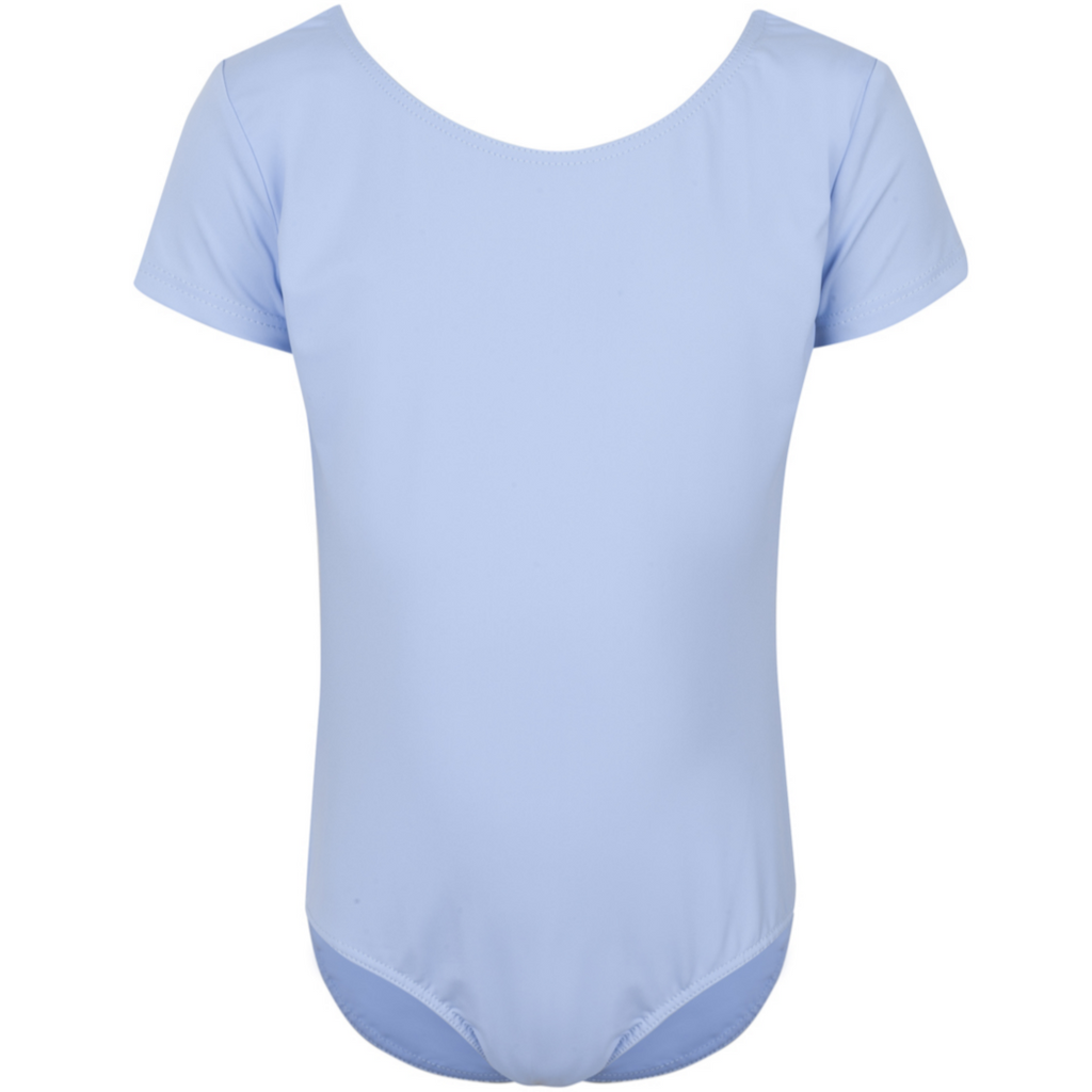  Freed of London Rosie leotard in pale blue, an officially RAD-approved regulation uniform for Pre-Primary and Primary ballet exams. The image shows a classic short-sleeved (capped sleeve) design made from high-performance sustainable ECONYL® recycled fabric, featuring a clean, scooped neckline and a fully lined interior for comfort. This essential piece of girls' dancewear represents the updated 2025 ballet uniform standards, combining traditional grace with modern eco-friendly materials.
