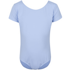  Freed of London Rosie leotard in pale blue, an officially RAD-approved regulation uniform for Pre-Primary and Primary ballet exams. The image shows a classic short-sleeved (capped sleeve) design made from high-performance sustainable ECONYL® recycled fabric, featuring a clean, scooped neckline and a fully lined interior for comfort. This essential piece of girls' dancewear represents the updated 2025 ballet uniform standards, combining traditional grace with modern eco-friendly materials.