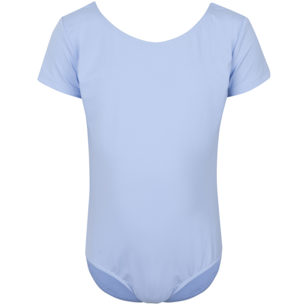  Freed of London Rosie leotard in pale blue, an officially RAD-approved regulation uniform for Pre-Primary and Primary ballet exams. The image shows a classic short-sleeved (capped sleeve) design made from high-performance sustainable ECONYL® recycled fabric, featuring a clean, scooped neckline and a fully lined interior for comfort. This essential piece of girls' dancewear represents the updated 2025 ballet uniform standards, combining traditional grace with modern eco-friendly materials.