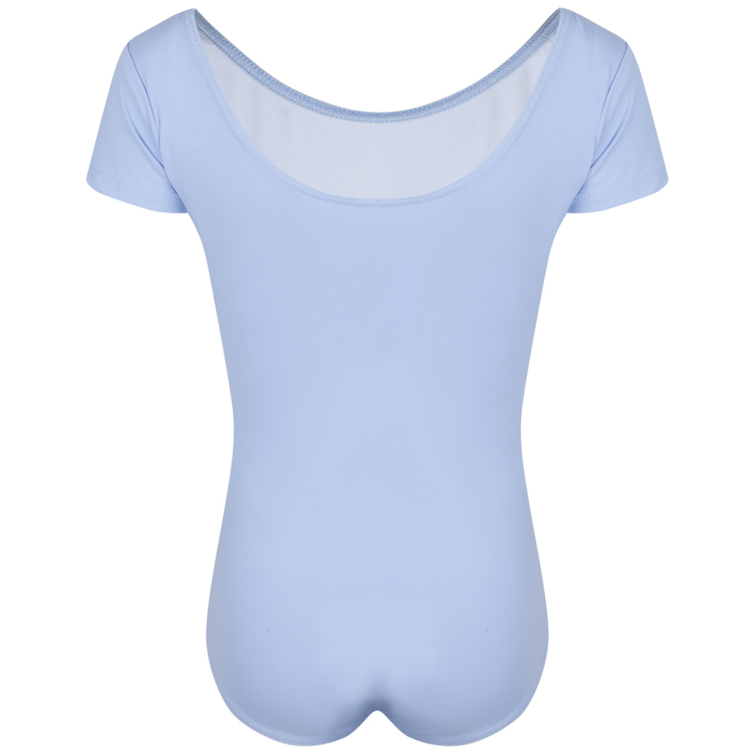 Freed of London Rosie leotard in pale blue ( back view) ,an officially RAD-approved regulation uniform for Pre-Primary and Primary ballet exams. The image shows a classic short-sleeved (capped sleeve) design made from high-performance sustainable ECONYL® recycled fabric, featuring a clean, scooped neckline and a fully lined interior for comfort. This essential piece of girls' dancewear represents the updated 2025 ballet uniform standards, combining traditional grace with modern eco-friendly materials.