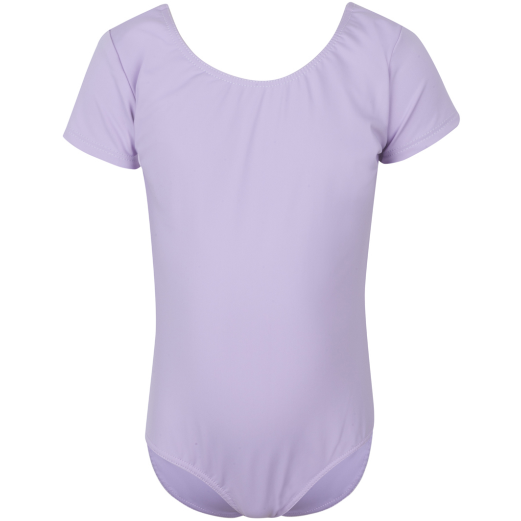  Freed of London Rosie leotard in pale lilac, an officially RAD-approved regulation uniform for Pre-Primary and Primary ballet exams. The image shows a classic short-sleeved (capped sleeve) design made from high-performance sustainable ECONYL® recycled fabric, featuring a clean, scooped neckline and a fully lined interior for comfort. This essential piece of girls' dancewear represents the updated 2025 ballet uniform standards, combining traditional grace with modern eco-friendly materials.