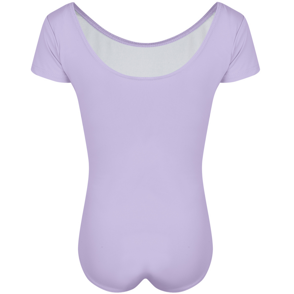  Freed of London Rosie leotard in pale lilac ( back view), an officially RAD-approved regulation uniform for Pre-Primary and Primary ballet exams. The image shows a classic short-sleeved (capped sleeve) design made from high-performance sustainable ECONYL® recycled fabric, featuring a clean, scooped neckline and a fully lined interior for comfort. This essential piece of girls' dancewear represents the updated 2025 ballet uniform standards, combining traditional grace with modern eco-friendly materials.