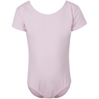  Freed of London Rosie leotard in pale pink, an officially RAD-approved regulation uniform for Pre-Primary and Primary ballet exams. The image shows a classic short-sleeved (capped sleeve) design made from high-performance sustainable ECONYL® recycled fabric, featuring a clean, scooped neckline and a fully lined interior for comfort. This essential piece of girls' dancewear represents the updated 2025 ballet uniform standards, combining traditional grace with modern eco-friendly materials.