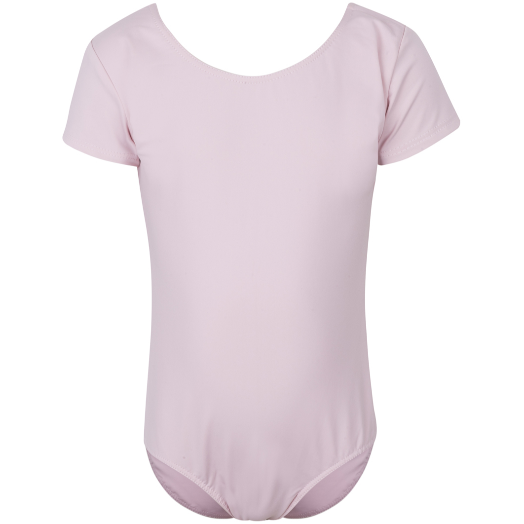  Freed of London Rosie leotard in pale pink, an officially RAD-approved regulation uniform for Pre-Primary and Primary ballet exams. The image shows a classic short-sleeved (capped sleeve) design made from high-performance sustainable ECONYL® recycled fabric, featuring a clean, scooped neckline and a fully lined interior for comfort. This essential piece of girls' dancewear represents the updated 2025 ballet uniform standards, combining traditional grace with modern eco-friendly materials.