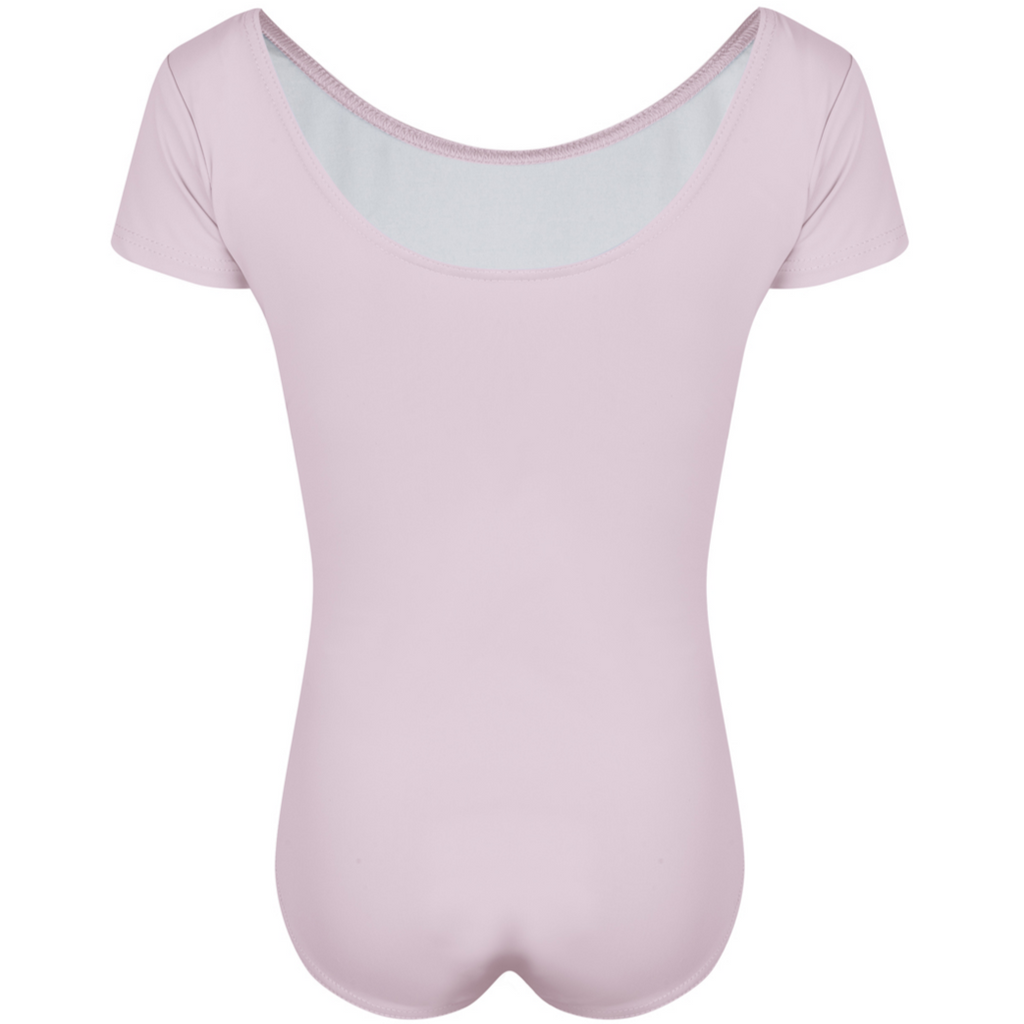  Freed of London Rosie leotard in pale pink (back view), an officially RAD-approved regulation uniform for Pre-Primary and Primary ballet exams. The image shows a classic short-sleeved (capped sleeve) design made from high-performance sustainable ECONYL® recycled fabric, featuring a clean, scooped neckline and a fully lined interior for comfort. This essential piece of girls' dancewear represents the updated 2025 ballet uniform standards, combining traditional grace with modern eco-friendly materials.