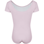  Freed of London Rosie leotard in pale pink (back view), an officially RAD-approved regulation uniform for Pre-Primary and Primary ballet exams. The image shows a classic short-sleeved (capped sleeve) design made from high-performance sustainable ECONYL® recycled fabric, featuring a clean, scooped neckline and a fully lined interior for comfort. This essential piece of girls' dancewear represents the updated 2025 ballet uniform standards, combining traditional grace with modern eco-friendly materials.
