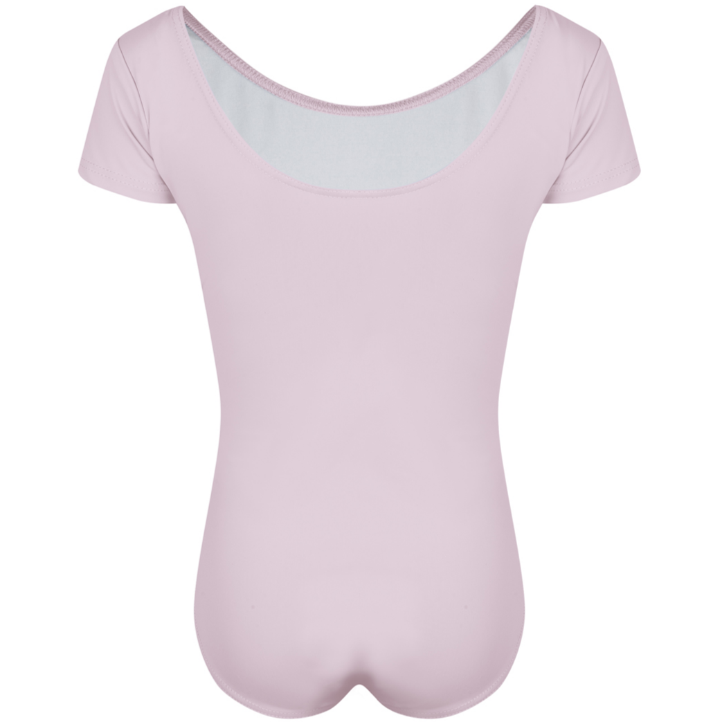  Freed of London Rosie leotard in pale pink (back view), an officially RAD-approved regulation uniform for Pre-Primary and Primary ballet exams. The image shows a classic short-sleeved (capped sleeve) design made from high-performance sustainable ECONYL® recycled fabric, featuring a clean, scooped neckline and a fully lined interior for comfort. This essential piece of girls' dancewear represents the updated 2025 ballet uniform standards, combining traditional grace with modern eco-friendly materials.