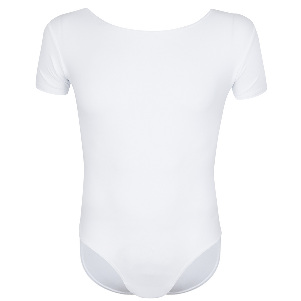 Official RAD regulation uniform: the Freed of London Rowan white male ballet leotard for all grades. This short-sleeved, scoop neck dance top features the RAD logo and high-performance sustainable ECONYL recycled fabric, meeting the standards for eco-friendly male ballet exam wear. Designed for durability and comfort, this essential recycled leotard ensures a professional silhouette for Royal Academy of Dance examinations and studio practice
