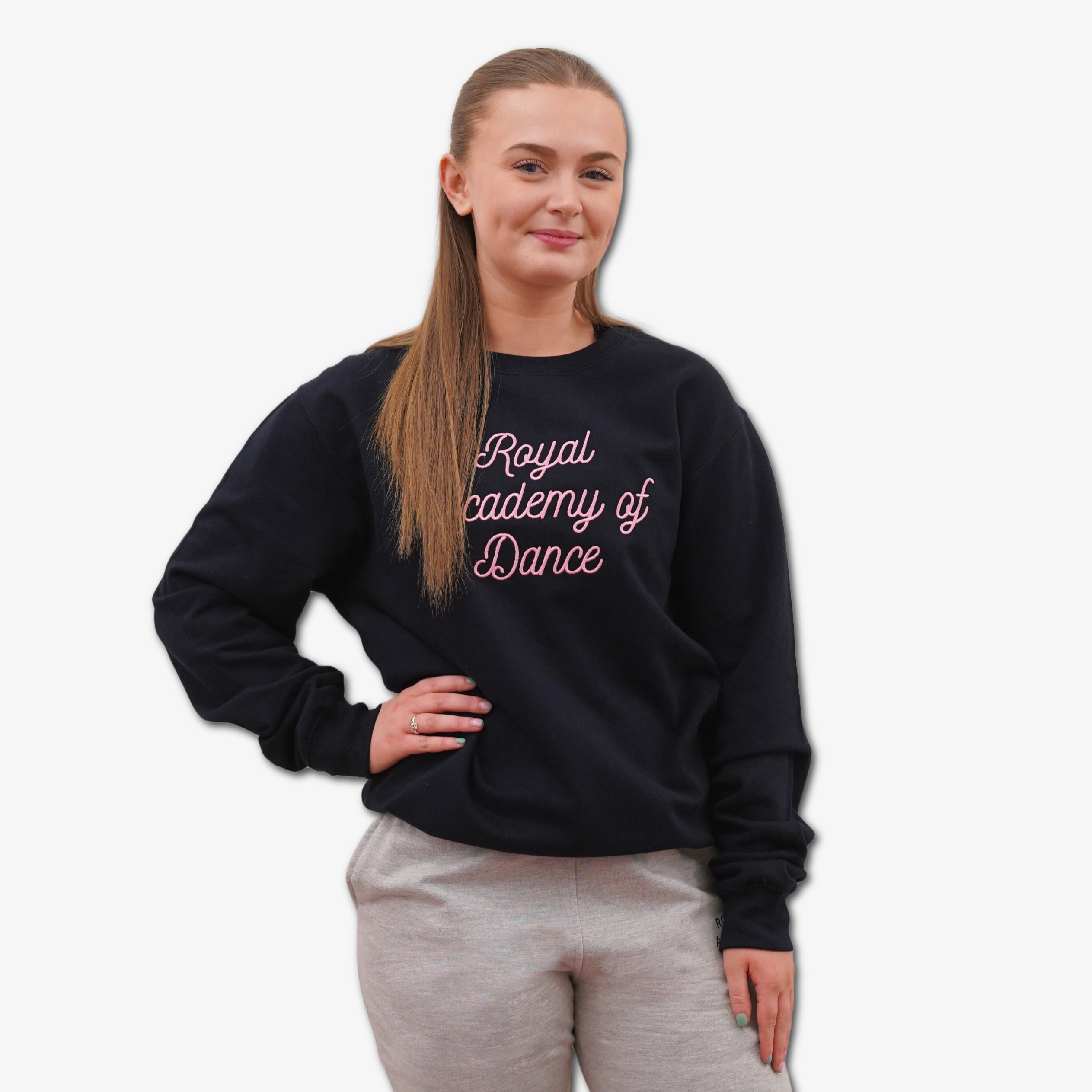 Dark navy sweatshirt with 'Royal Academy of Dance' swirly embroidery 