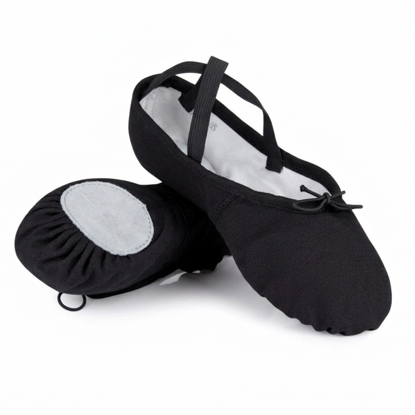 Freed of London adult split sole canvas ballet shoes in black with pre-sewn cross elastics and flexible suede sole.