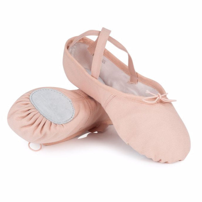 Freed of London adult split sole canvas ballet shoes in pink with pre-sewn cross elastics and flexible suede sole.