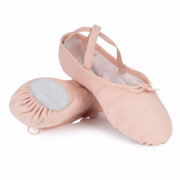 Freed of London adult split sole canvas ballet shoes in pink with pre-sewn cross elastics and flexible suede sole.