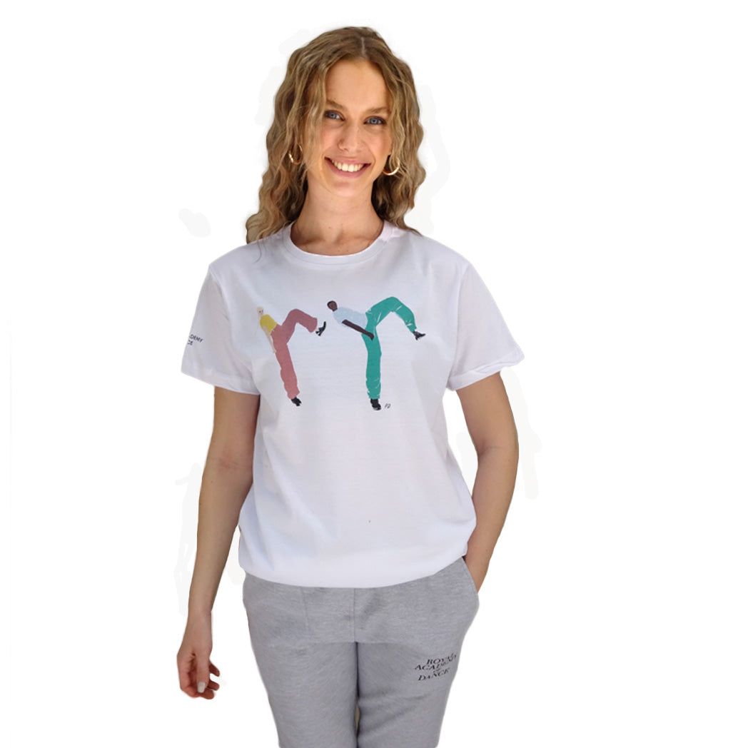 white t-shirt with a graphic of two people dancing on it, and the Royal Academy of Dance logo on the sleeve.