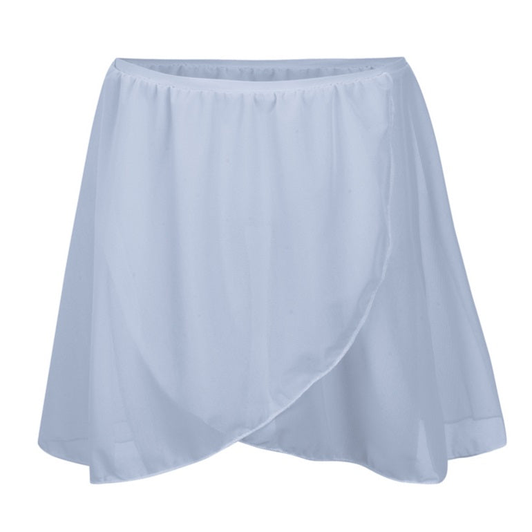 RAD-approved Belle skirt in pale blue, designed as the matching half of the Pre-Primary and Primary ballet uniform. This mock-wrap style skirt features a comfortable elasticated waist for easy pull-on use by young dancers. Part of the 2025 new uniform, it is crafted from a lightweight, flowing ECONYL® recycled fabric that mimics the movement of traditional chiffon while meeting modern eco-friendly uniform standards. This essential regulation ballet skirt provides a clean, professional look for RAD exams.