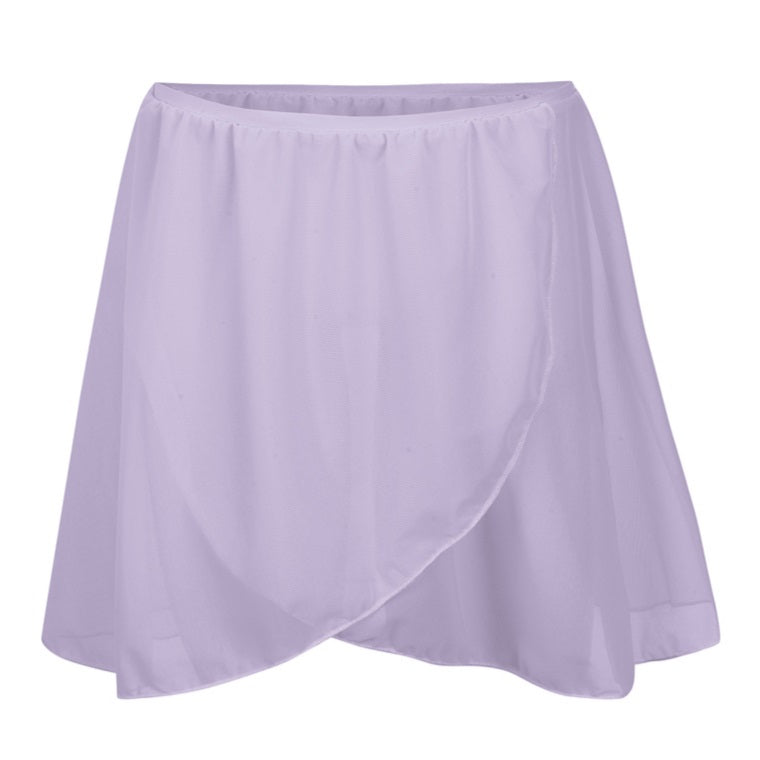 RAD-approved Belle skirt in pale lilac designed as the matching half of the Pre-Primary and Primary ballet uniform. This mock-wrap style skirt features a comfortable elasticated waist for easy pull-on use by young dancers. Part of the 2025 new uniform, it is crafted from a lightweight, flowing ECONYL® recycled fabric that mimics the movement of traditional chiffon while meeting modern eco-friendly uniform standards. This essential regulation ballet skirt provides a clean, professional look for RAD exams.